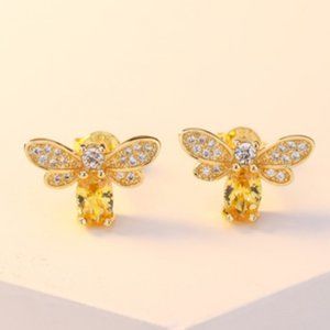 NEW 18K Yellow Gold Citrine Diamond Bee Stud Earrings